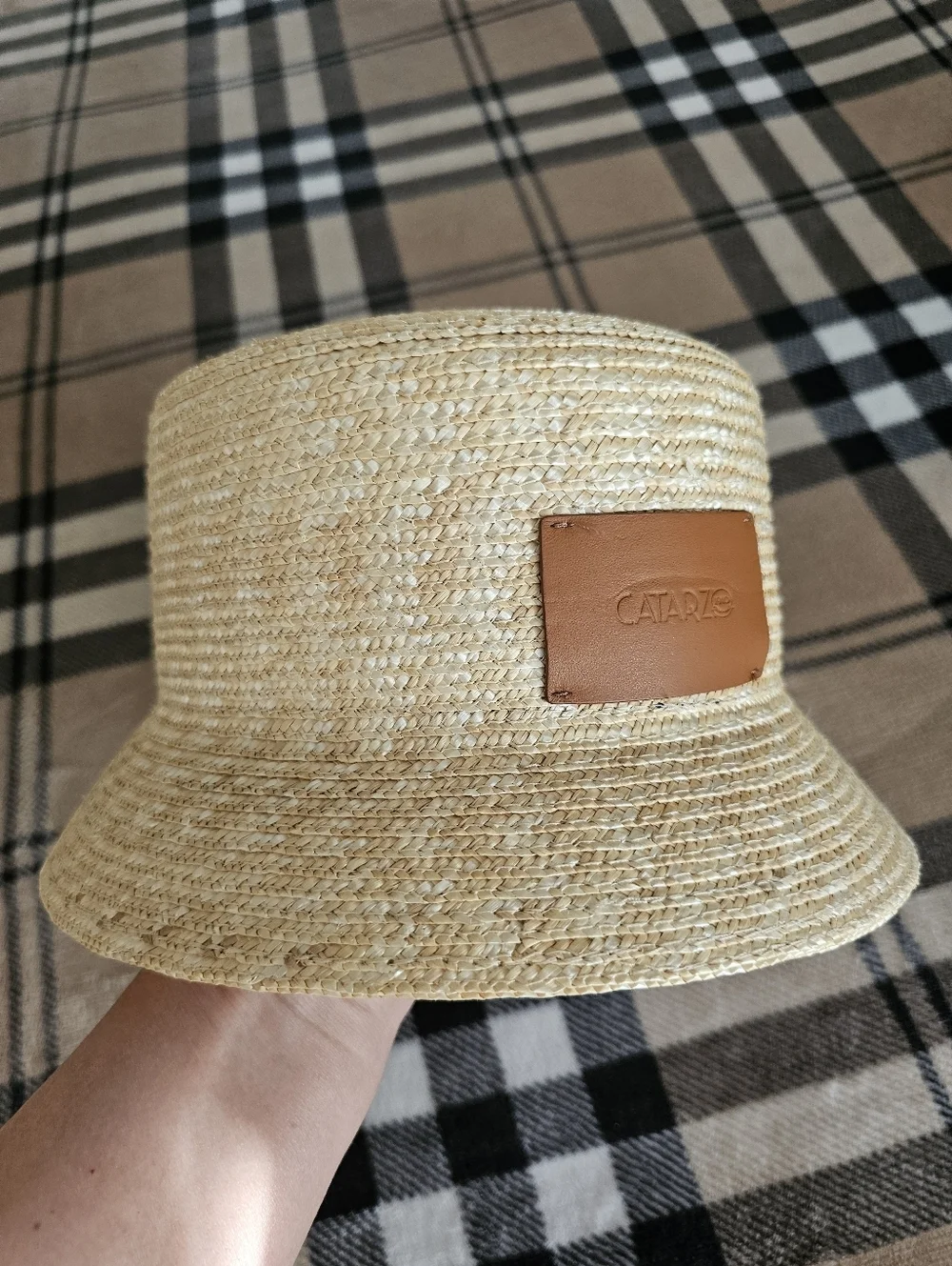 Straw Bucket Hat with Leather Patch - Natural